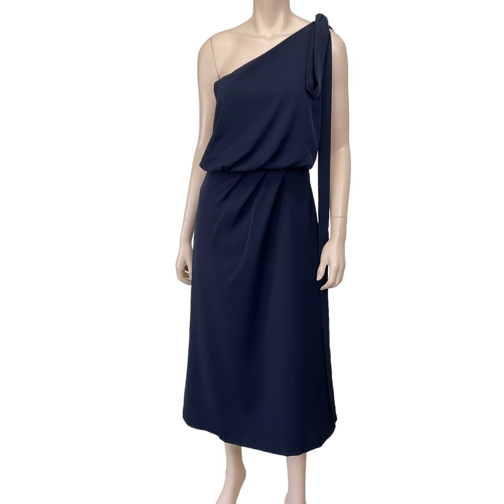 Amy Lynn Dress Women Small Blue One Shoulder Sleeveless Tie Knee Midi NEW‎